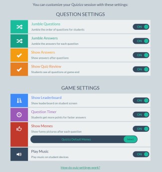 Settings for a Quizizz quiz