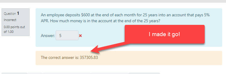 An image showing that the formula for the answer generates the right answer.