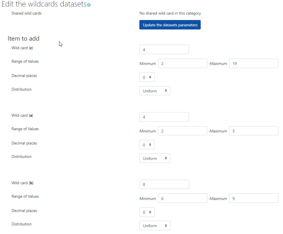 This shows how I filled in the boxes for a, b, and c with 0 decimal places and the minimums and maximums from the paragraph above.