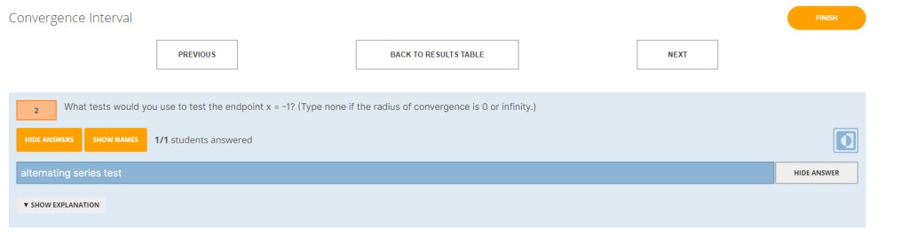 Question 2 Results- this shows the options of returning to the main result page, moving forward, or back a question, showing names or not along with student answers