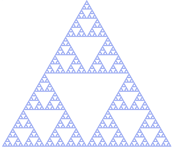 Sierpinski's Triangle from Beojan Stanislaus. CC Attribution-Share Alike 3.0 license.
You are free:
to share – to copy, distribute and transmit the work
to remix – to adapt the work
Under the following conditions:
attribution – You must give appropriate credit, provide a link to the license, and indicate if changes were made. You may do so in any reasonable manner, but not in any way that suggests the licensor endorses you or your use.
share alike – If you remix, transform, or build upon the material, you must distribute your contributions under the same or compatible license as the original.